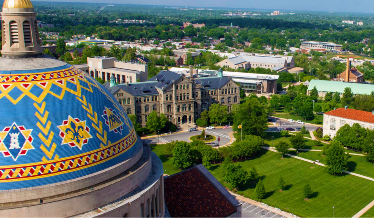aerial view of campus with the basilica of the national shrine of the immaculate conception's blue dome on the left side